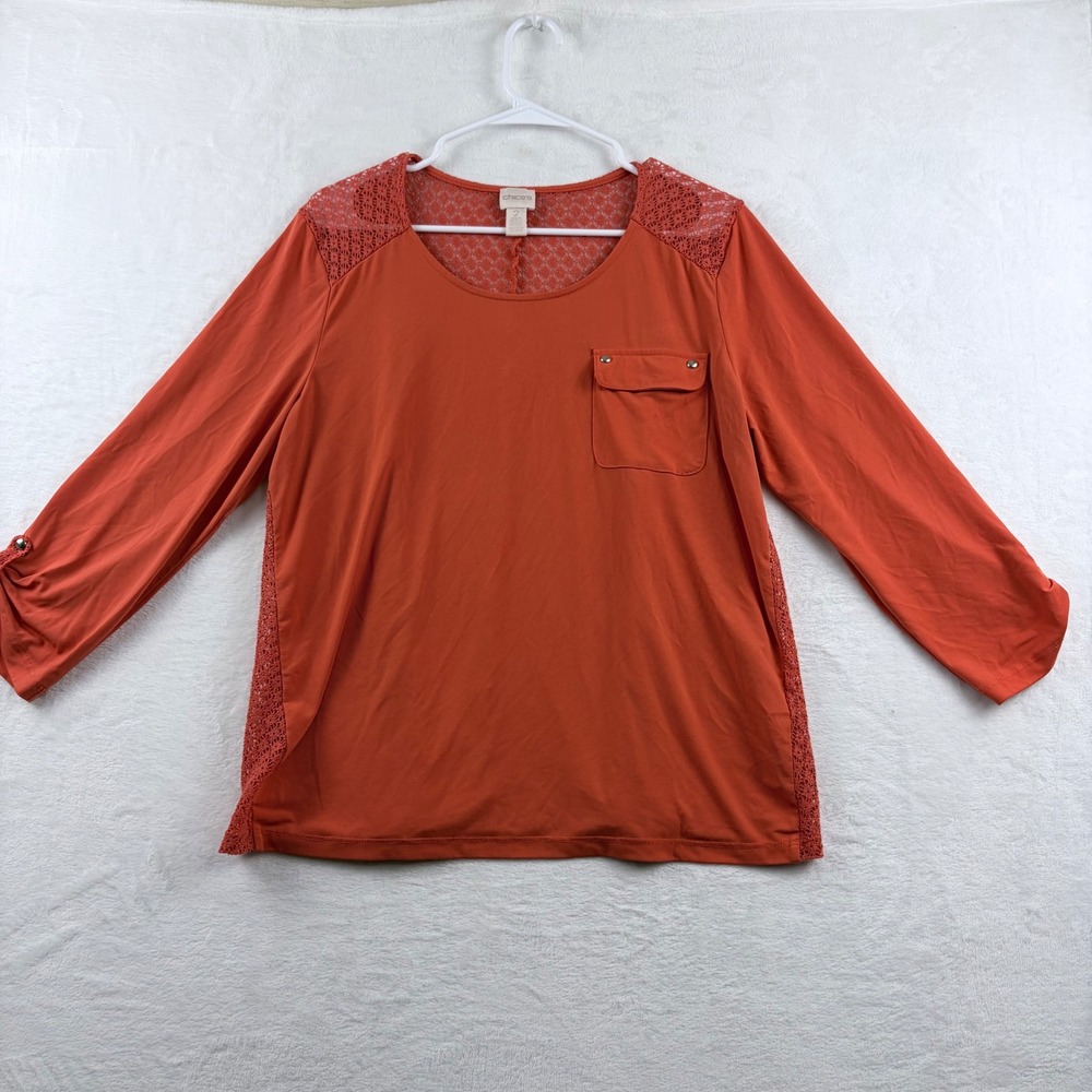 Chico's Orange Top Crochet Lace Back 3/4 Sleeve Women's Size 2 Large